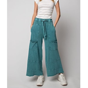 Easel Lazy Days Mineral Washed Wide Leg Pants in Teal Green EB41308