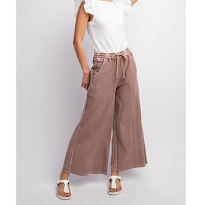 Inside Out Mineral Washed Terry Knit Wide Leg Pants in Rosewood