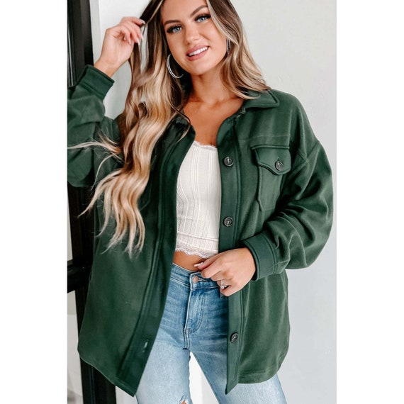 Zenana All About the Fleece Button-down Shacket in Hunter Green S-L  QJ-4000Y 