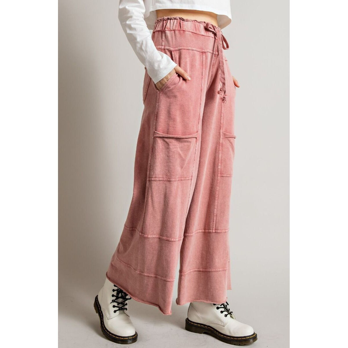 Easel Lazy Days Mineral Washed Wide Leg Pants in Mauve EB41308 - Etsy