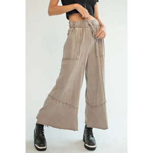 Easel Washed Terry Knit Wide Leg Boho Bohemian Pants in Mushroom S-L EB40706