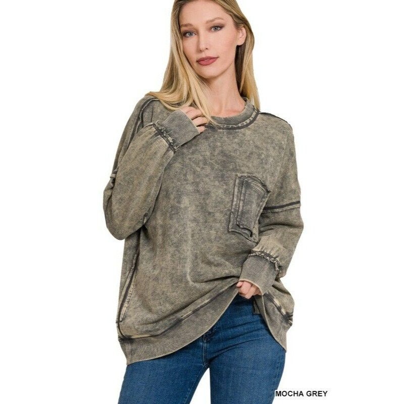Zenana the Cool Pullover Acid Washed With Raw Edge Seams Mocha Grey  TTW-5153D4 