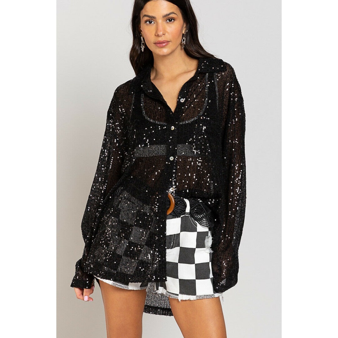 POL CLOTHING Black Sequin Button up Shirt Beach Cover up Etsy