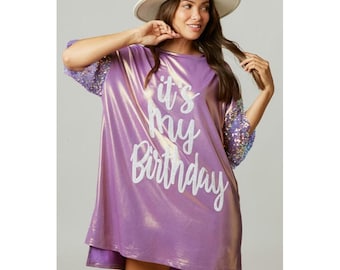 Fantastic Fawn Birthday Queen Sequin Sleeve Foil Dress in Lavender S-L IFKD54068