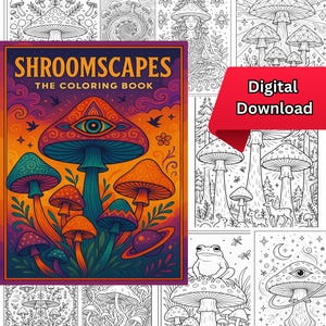 Kleurboek Shroomscapes - 25 kleurplaten - psychedelische paddenstoelenkunst - Trippy Boho Nature kleurplaten (direct downloaden)