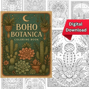 Boho Botanica Coloring Book - 35 Coloring Pages - Bohemian Plant Coloring Book - Succulents, Houseplants, Cactus (Digital Download)