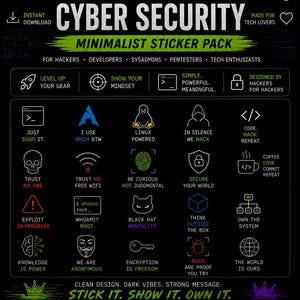 May include: A digital sticker pack collection featuring the text ULTIMATE LINUX & CYBER SECURITY. The design includes various icons and phrases like JUST SUUD IT, I USE ARCH BTW, LINUX POWERED, IN SILENCE WE HACK, and CODE HACK REPEAT on a black background.