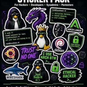Könnte beinhalten: Eine Sammlung von gestanzten Aufklebern mit Linux- und Cybersicherheitsthemen. Die Designs umfassen Tux-Pinguine mit Kapuzenpullovern, einen lila Drachen, Terminal-Befehlszeilen, das Arch Linux-Logo, das Debian-Logo, ein Vorhängeschloss und Text.