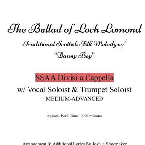 The Ballad of Loch Lomond - SSAA a capella w/ vocal & trumpet solos - Traditional Scottish Folk Melody w/ &quot;Danny Boy&quot; - Medium Advanced