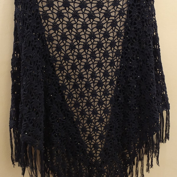 Openwork stitch cotton shawl, dark blue color with sequins and fringes, ideal for special events and occasions.