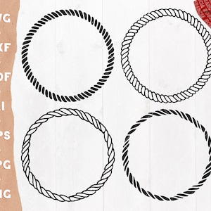 Könnte beinhalten: Vier schwarze und weiße Seilkreisrahmen. Die Rahmen bestehen aus einem dicken Seildesign. Die Rahmen sind auf weißem Hintergrund isoliert.