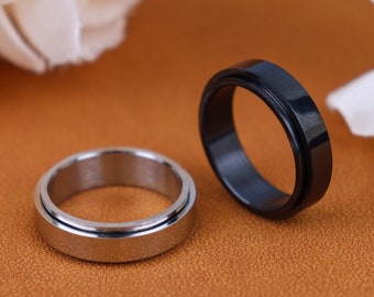 Anello spinner in acciaio nero/argento inciso personalizzato da 6 mm, anello unisex, anello in acciaio inossidabile, anello spinner, anello inciso personalizzato, regalo per lei