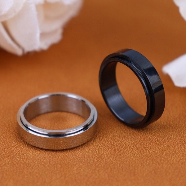 Anillo giratorio de acero negro/plateado de 6 mm grabado personalizado, anillo unisex, anillo de acero inoxidable, anillo giratorio, anillo grabado personalizado, regalo para ella