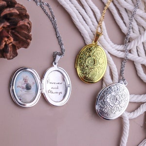 Collar de medallón vintage con grabado, collar de foto/imagen de medallón grabado personalizado, regalo del día de la madre escrito a mano para mamá/abuela imagen 1