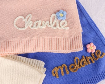 Hand Embroidered/Personalized Baby Blanket/Soft Breathable Cotton Knitted Blanket/  Custom Baby Name/Newborn Gift/ Baby Shower Gift