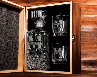Decantador de whisky personalizado, decantador personalizado con caja de regalo de madera, decantador grabado, regalos para padrinos de boda, regalos para papá, regalos para él