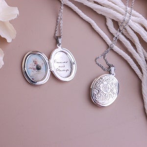Collar de medallón vintage con grabado, collar de foto/imagen de medallón grabado personalizado, regalo del día de la madre escrito a mano para mamá/abuela Silver