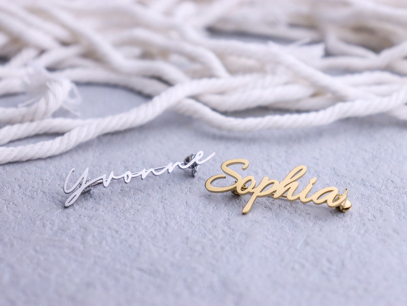 Custom Name Brooch in Gold / Silver / Rose Gold Personalized Handwriting Brooch Breastpin Clip Clasp Customized Initial Numbers Gift image 2