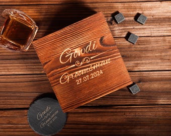 Juego de vasos de whisky personalizados con caja de madera, regalos para padrinos de boda, padrinos de boda, padres, novios y despedidas de soltero.