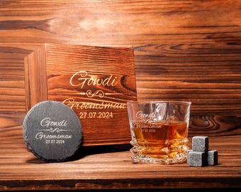 Juego de vasos de whisky personalizados con caja de madera, regalo para padrinos de boda, padrinos de boda, propuesta de matrimonio, regalo para novios, regalos para hombres