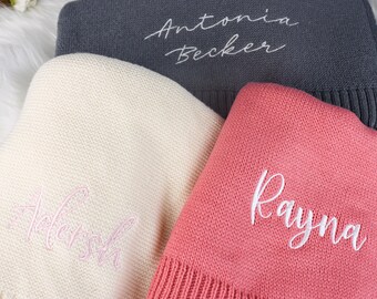 Custom Knit Baby Blanket | Embroidered Name Nursery Blanket | Cotton Knit Stroller Blanket| Baby Shower Gift | Newborn Holiday Gift