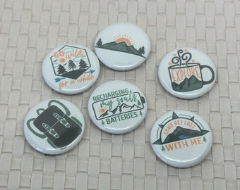 Camping button magnet set of 6, camp themed magnets gift for camper, adventure present idea, outdoorsy people who love outdoor life