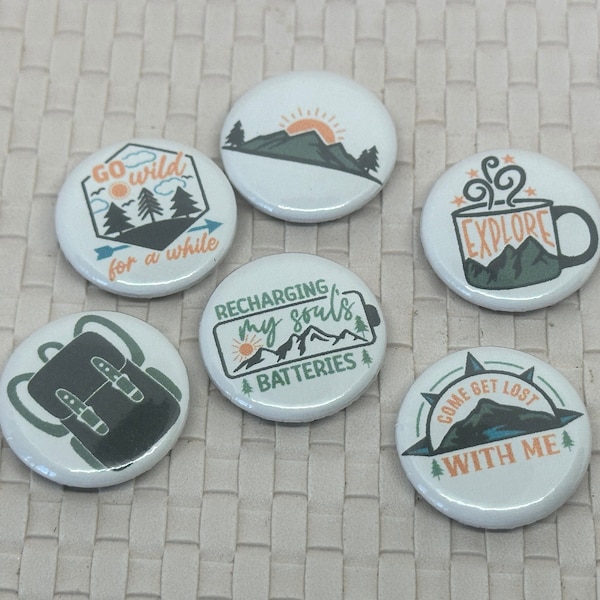 Camping button magnet set of 6, camp themed magnets gift for camper, adventure present idea, outdoorsy people who love outdoor life
