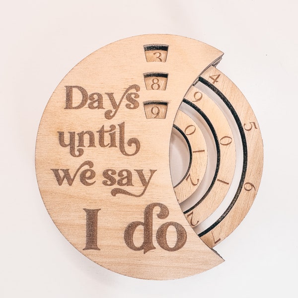 wooden engraved engagement Countdown Gift, days until wedding count down plaque magnet, newly engaged couple sign, mr mrs bride groom rustic