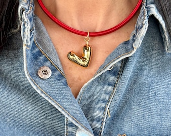 Red Paracord Necklace with Gold Heart Charm, Adjustable Cord Choker for Women