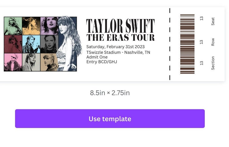 Taylor Swift the Eras Tour 2023 Customizable Ticket Template Swiftie