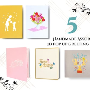 Lot de 5 cartes pop-up 3D assorties faites main : cartes d'anniversaire, cartes J'aime maman, cartes Meilleur papa de tous les temps, cartes fleurs de cerisier, cartes vase rose