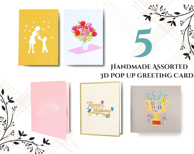 Handmade Assorted 3D Pop Up Cards—Birthday Cards, I love Mom Cards, Best Dad Ever Cards, Cherry Blossom Tree Cards, Rose Vase Cards