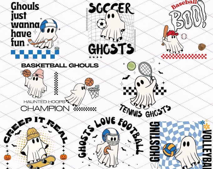 Halloween Sport Ghosts, Baseball Boo, Soccer Ghosts, Creep It Real, Baseball Ghouls, Tennis Ghosts,Ghosting Volleyball, Ghost Love Football