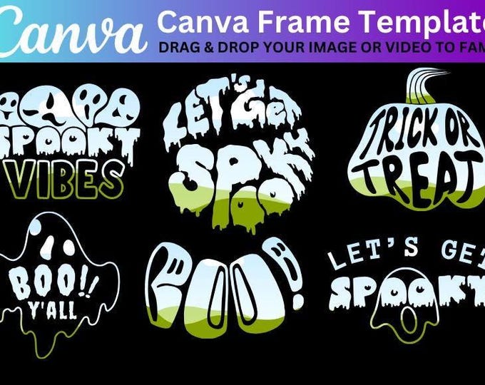 6 Halloween Design In Canva Frame Template, Editable Template in Canva, Drag and Drop Images To Frame, Spooky Season, Halloween Boo