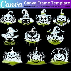 10 Pumpkin Canva Frame Template, Halloween Editable Template in Canva, Drag and Drop Images To Frame,