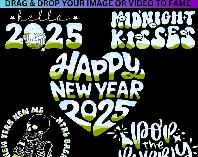 Happy New Year  Canva Frame Template,Hello 2025, Midnight Kisses,Pop The Bubbly,New Year New Me, Drag and Drop Image In Canva Templates