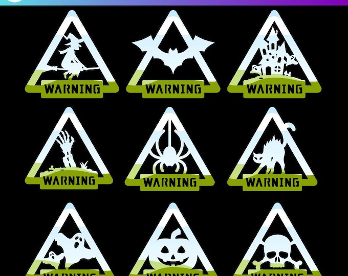 Editable Halloween Warning Sign In Canva Frame Template, Drag and Drop Images To Frame, Pumpkin, Witch, Cat, Ghosts, Spider Warning Sign