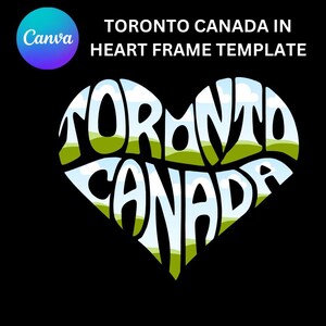 May include: A heart-shaped design with the words "Toronto Canada" in a white outline with green and blue accents. The design is on a black background.