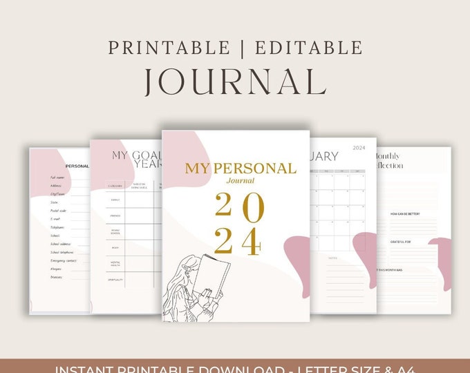 2024 Personal Journal Planner, Digital Planner, Goals, Monthly Reflection, Year Overview Journal, Printable, Digital and Editable Planner