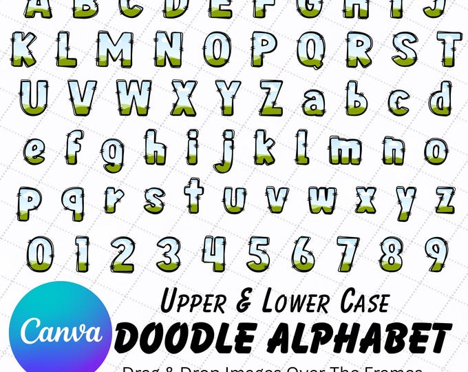 Upper Case and Lower Case Doodle Alphabet Canva Frame, Editable Number Template in Canva, Drag and Drop Images To Frame