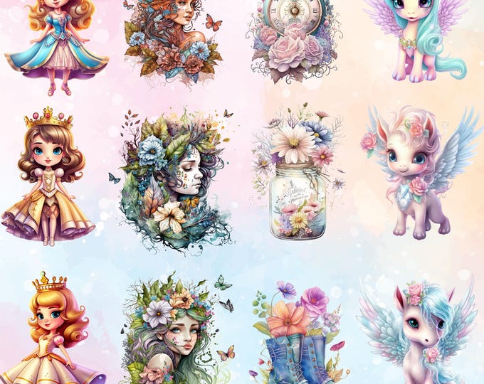 Fantasy Sublimation Bundle,Girl Watercolor,Cute Princess,Shoes Flower Watercolor,Unicorn Sublimation,Flower in Jar,Clock Flower