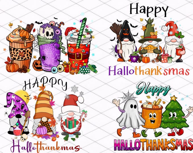 HalloThanksMas Sublimation Bundle,Happy Halloween, Thanksgiving, Merry Christmas, HalloThanksMas Coffee Drinks, HalloThanksMas Gnomies