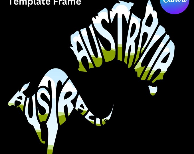 Australia Word Art Graphic Map In Canva Template,Australia creatively made into a  Kangaroo Shape,Drag and Drop Images in Canva Frame