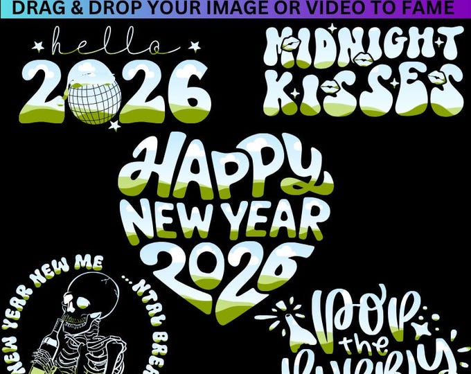 Happy New Year Canva Frame Template,Hello 2026, Midnight Kisses,Pop The Bubbly,New Year New Me, Drag and Drop Image In Canva Templates