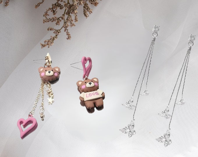2 Fashion Earrings for Girls, Bear Asymmetrical Earrings and long crystal tassel butterfly earrings, Jewellery gifts charm shiny earrings