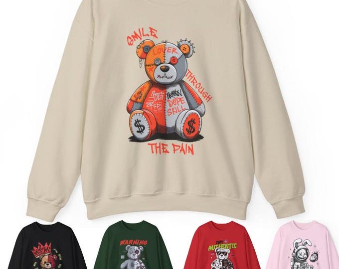 Graffiti Bear Collection Sweatshirt, Urban Streetwear Graphic Tee, Unisex Crewneck Jumper, Hip-Hop Style Pullover, Fashionable Top