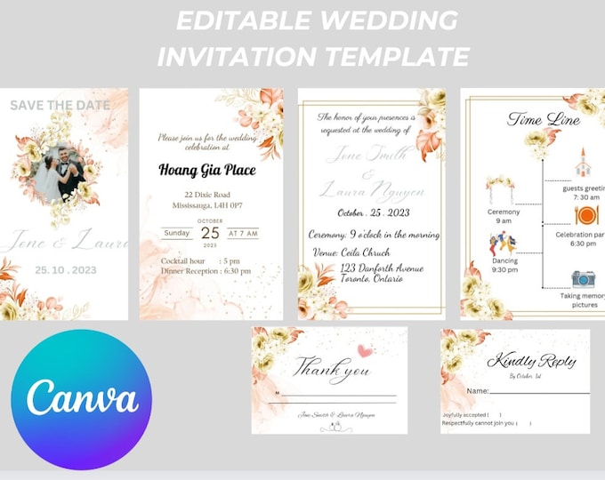 Flower Wedding Invitations Templates, Digital Invitation, Printable Invites, Canva Editable Templates, Mobile, Instant Download