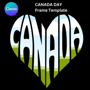 Puede incluir: Un marco blanco en forma de corazón con la palabra "CANADA" escrita en una fuente estilizada. Las letras están rellenas con un degradado de azul, blanco y verde, que se asemeja a un paisaje con nubes y hierba.