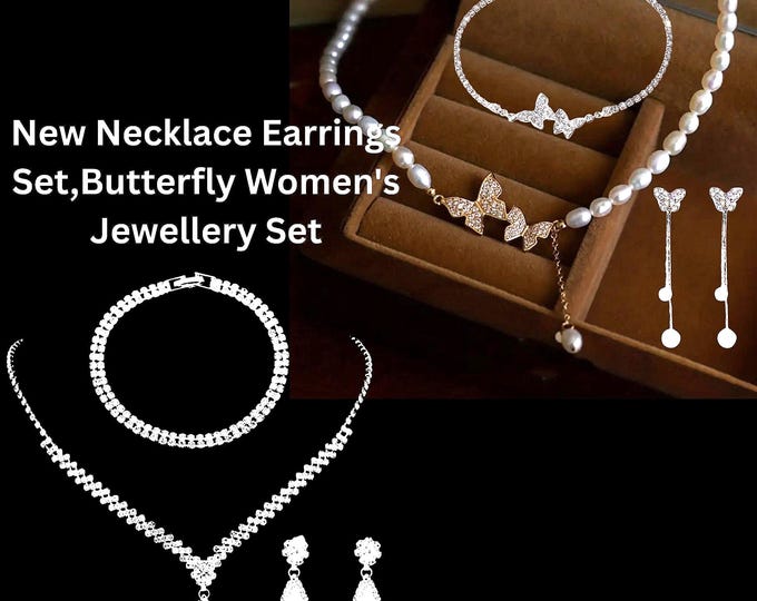 Three Piece Bridal Necklace Earrings Bracelet Set, Butterfly Women's Jewellery Set, Fashionable Dance Party Evening Chain Earrings Bracelet