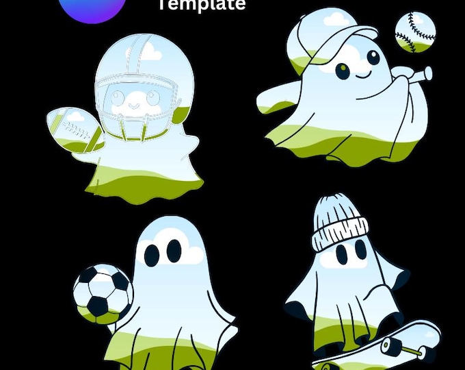 Cute Ghost Templates In Canva Happy Halloween Template,Baseball Ghost,Soccer Ghost,Skate Ghost,Spooky Season,Drop your own images